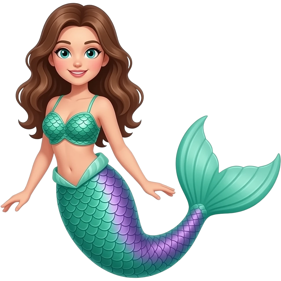 woman with brown hair and bring turquoise eyes and a mermaid tail, made of green and purple scales, wearing a crop top made of green fish scales full body emoji