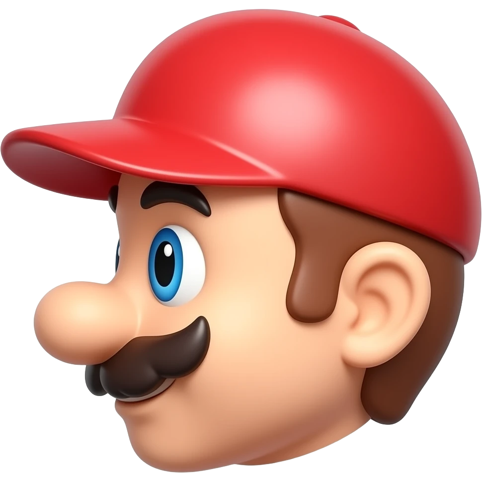 Cute 3D plumber emoji, left side profile, glossy red cap, cartoon mustache, large blue eyes, pixar style, ultra detailed emoji render emoji