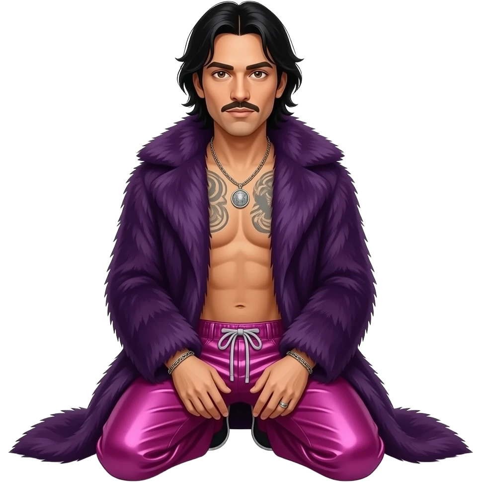 Chino Moreno with brown eyes, black hair, deep purple fur shawl, magenta metallic baggy loose pants, shirtless with necklace emoji