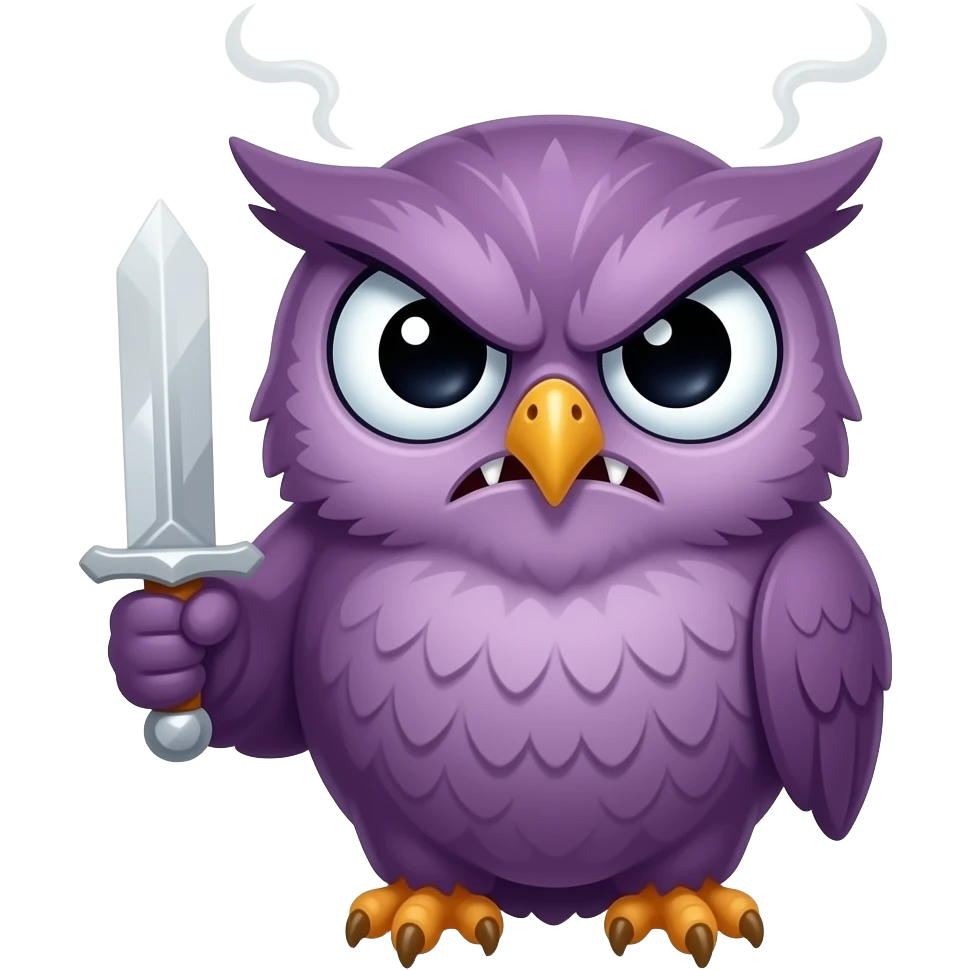 Twitch emote of a purple owl, dark fantasy style like Dark Souls, angry expression with furrowed brows, baring tiny teeth, steam coming from ears, holding a tiny sword or club. Vector art, thick white outline, white background, square format, not chibi. emoji