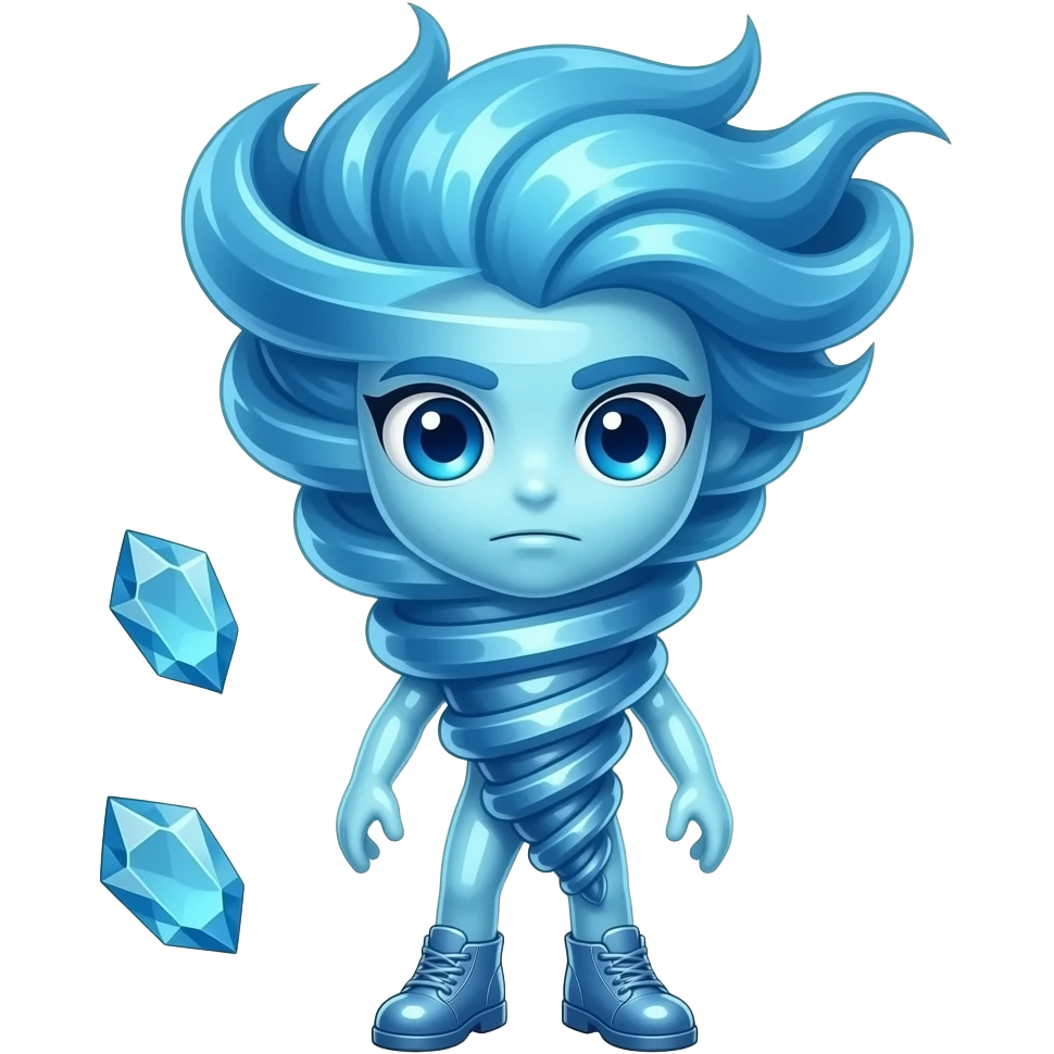A full-body sapphire tornado architect with a big head and small body, swirling sapphire wind hair, polished gemstone skin, spiral crystal clothing, matching sapphire shoes, asymmetrical deep blue eyes, and floating gemstone blueprints. emoji