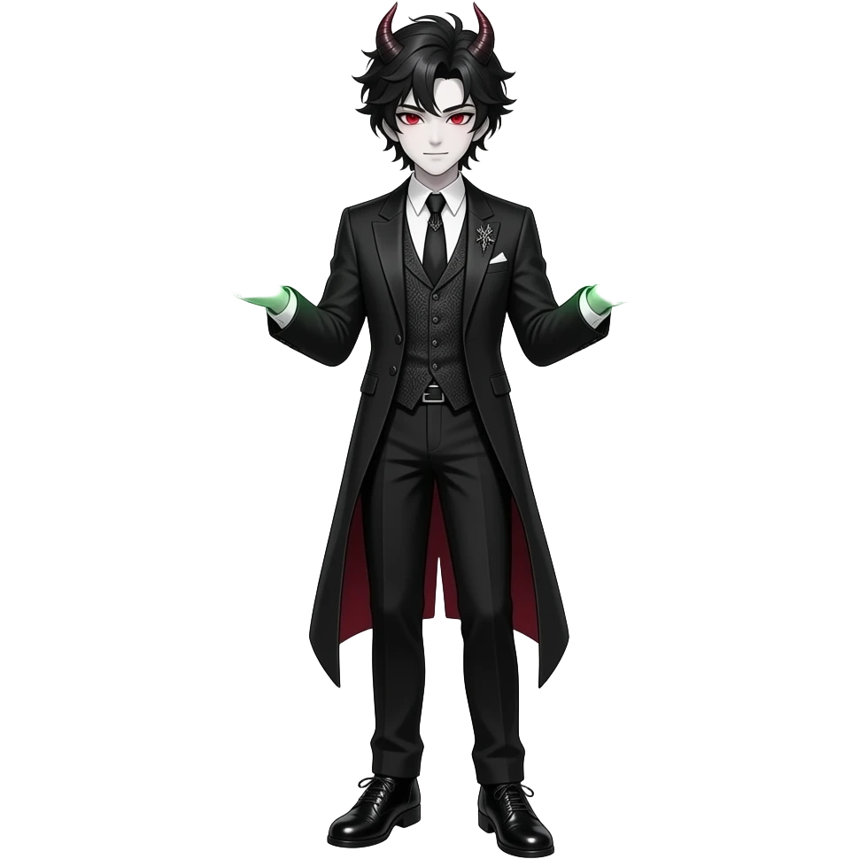 young demonic man with messy black hair, white skin, red eyes, in a gothic style suit with black pants and black, gothic-style shoes, and green fire in his hands emoji
