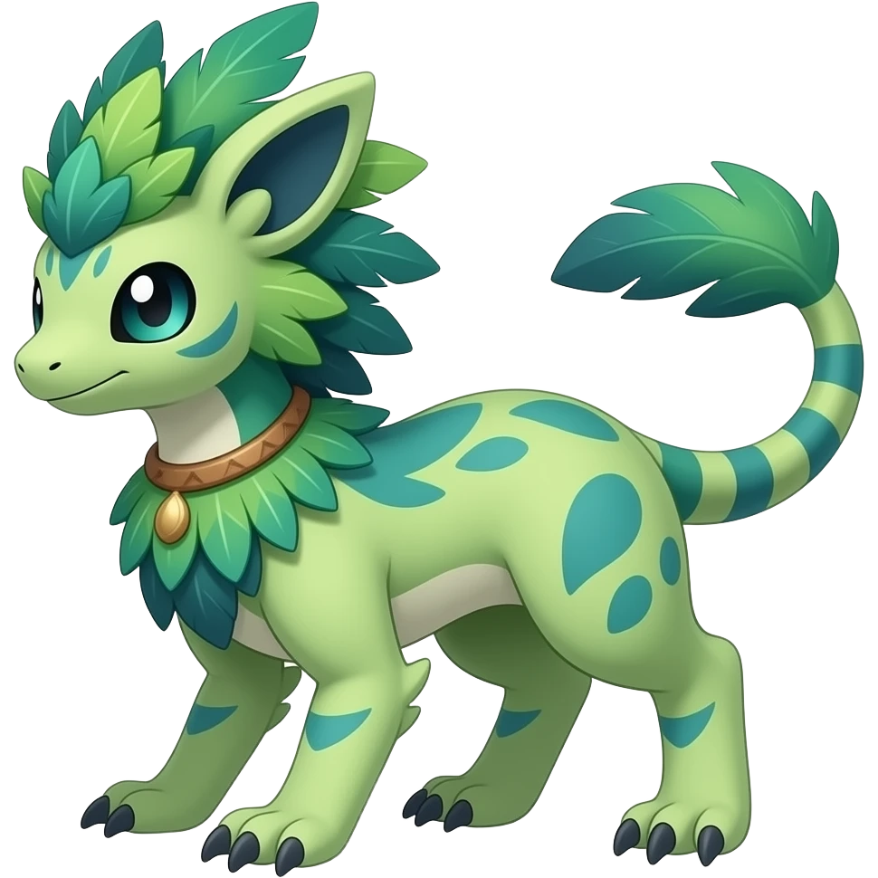 Tropical feathery shamanic cultural Greenish beautiful handsome gorgeous aesthetic colorful vibrant Vernid-Trico-species-Fakemon-creature by LiLaiRa, 4 legs, 1 tail, random markings, (full body) emoji