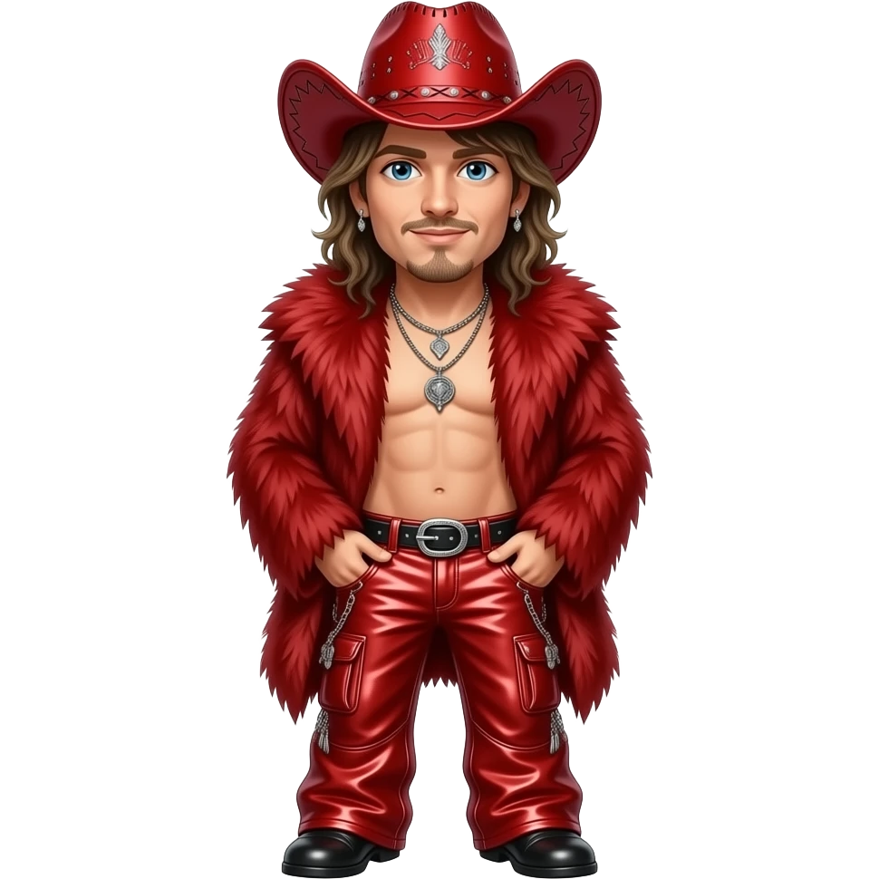 Kid Rock with blue eyes, long dark blonde hair, red cowboy hat, red fur shawl, red metallic baggy pants, shirtless with necklace and earrings emoji