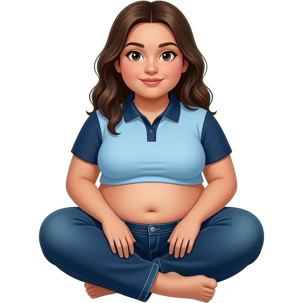 Obese Hispanic girl with brown hair and light blue and dark blue cropped polo with chubby belly button and dark blue baggy jeans sitting down barefoot emoji