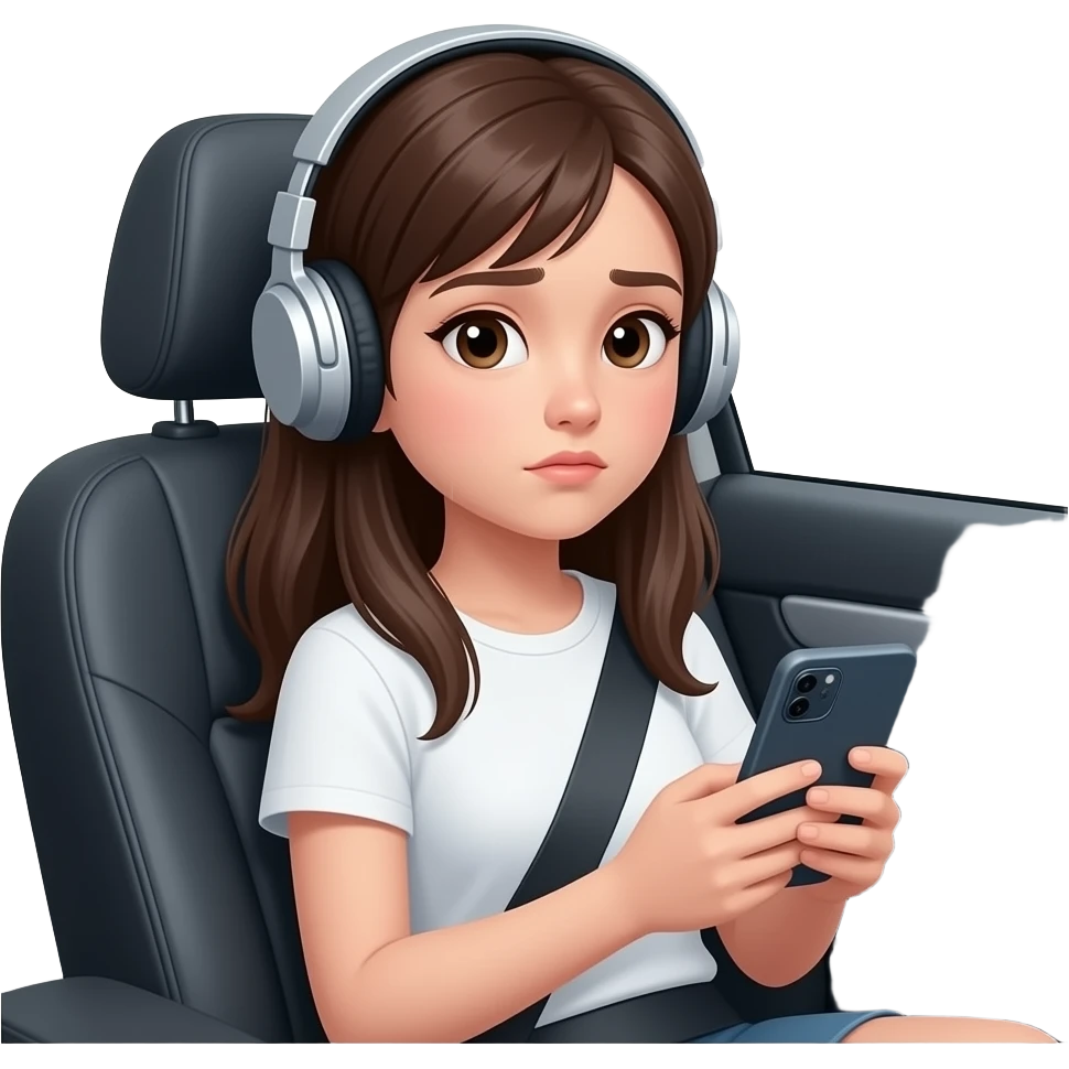 teen  girl in the  back seat headphones on,using  phone ,mysterious look, one head phone side off emoji