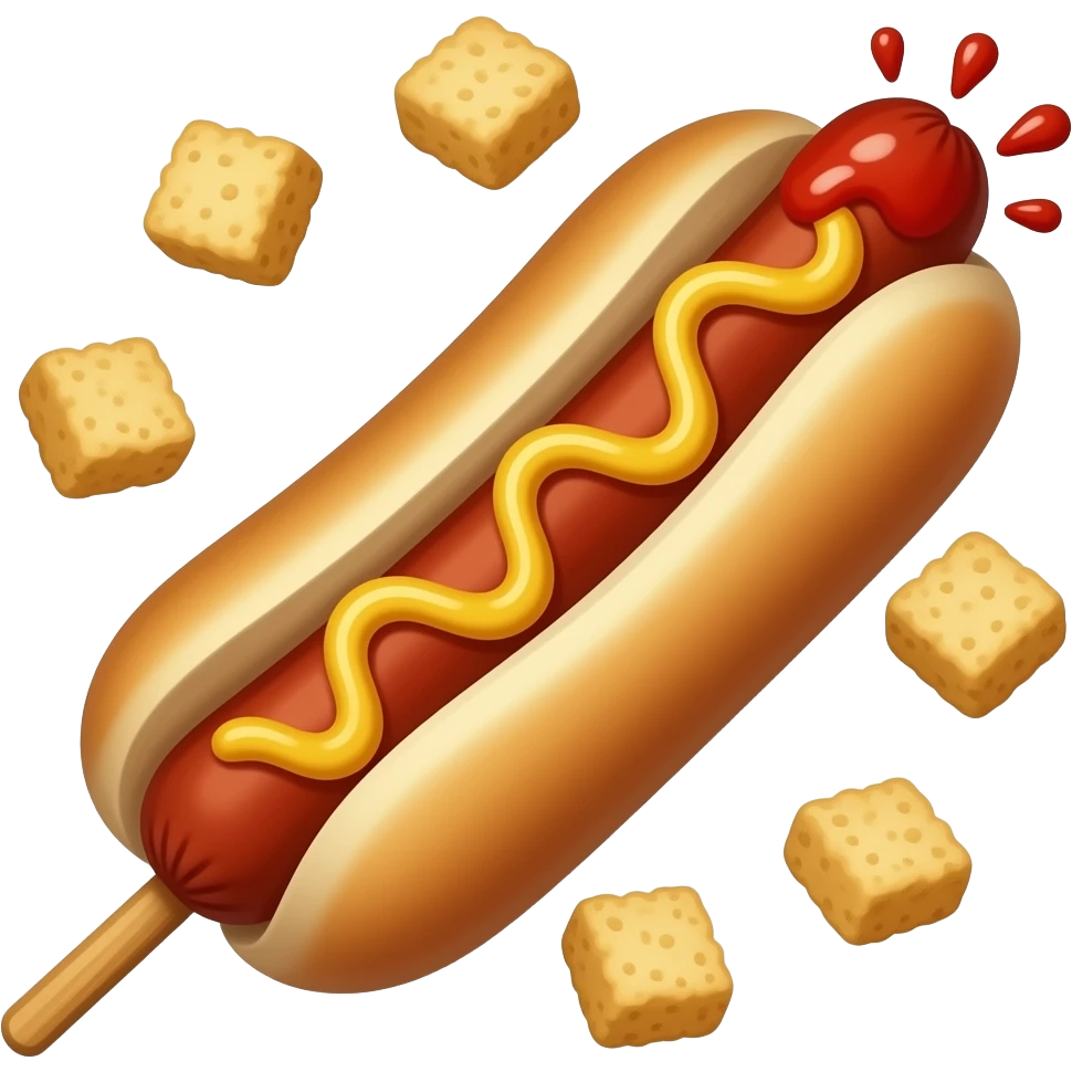 나무막대에 꽂힌 핫도그, 겉에 사각형의 크럼블로 둘러쌓인, 케찹이 뿌려진 emoji