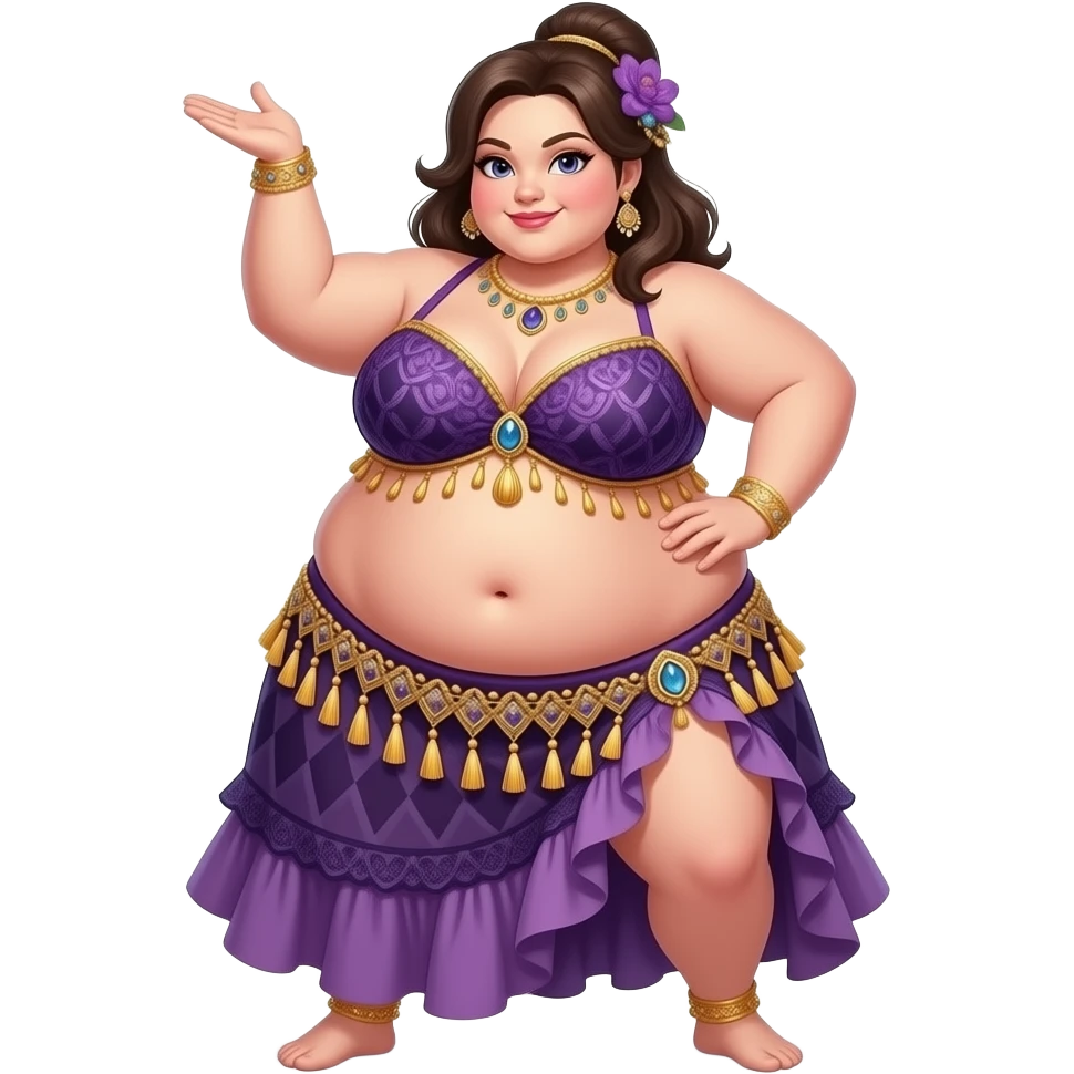 A sumo girl belly dancer,with an morbid obese love handles & muffin top midriff,her bellybutton bulging from being stuffed to the max after a luncheon buffet,She dances then her bouncy belly wobbles a lot. emoji