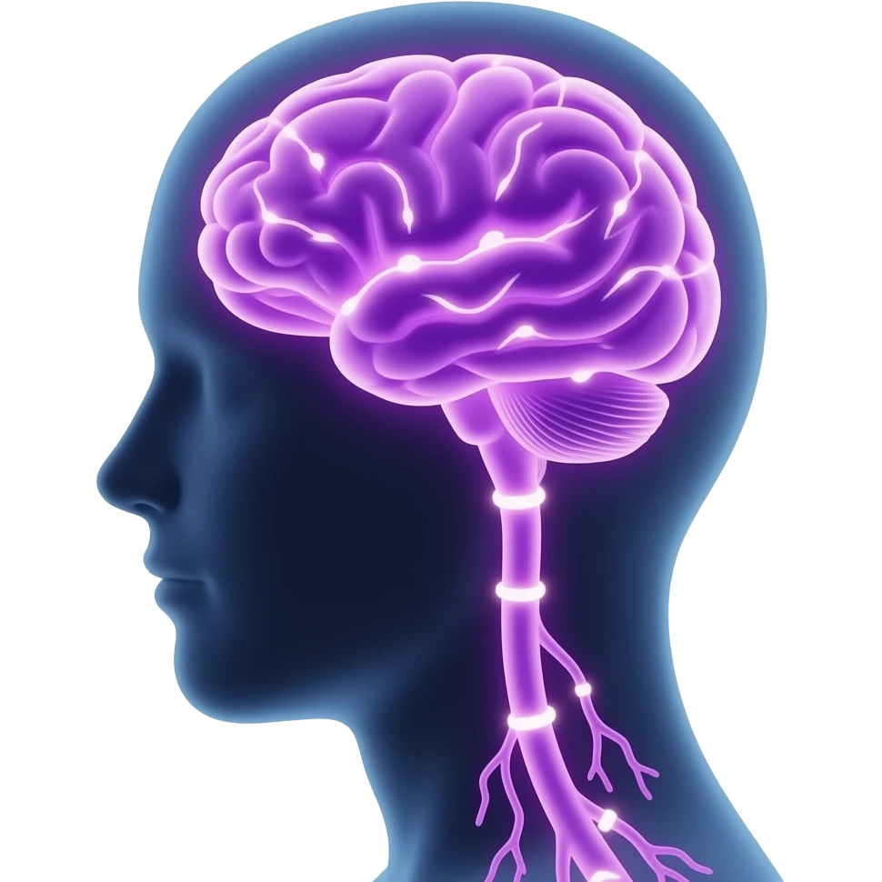 human silhouette with visible glowing purple brain inside, neural connections lighting up, soft gradients, futuristic and cute, transparent background emoji