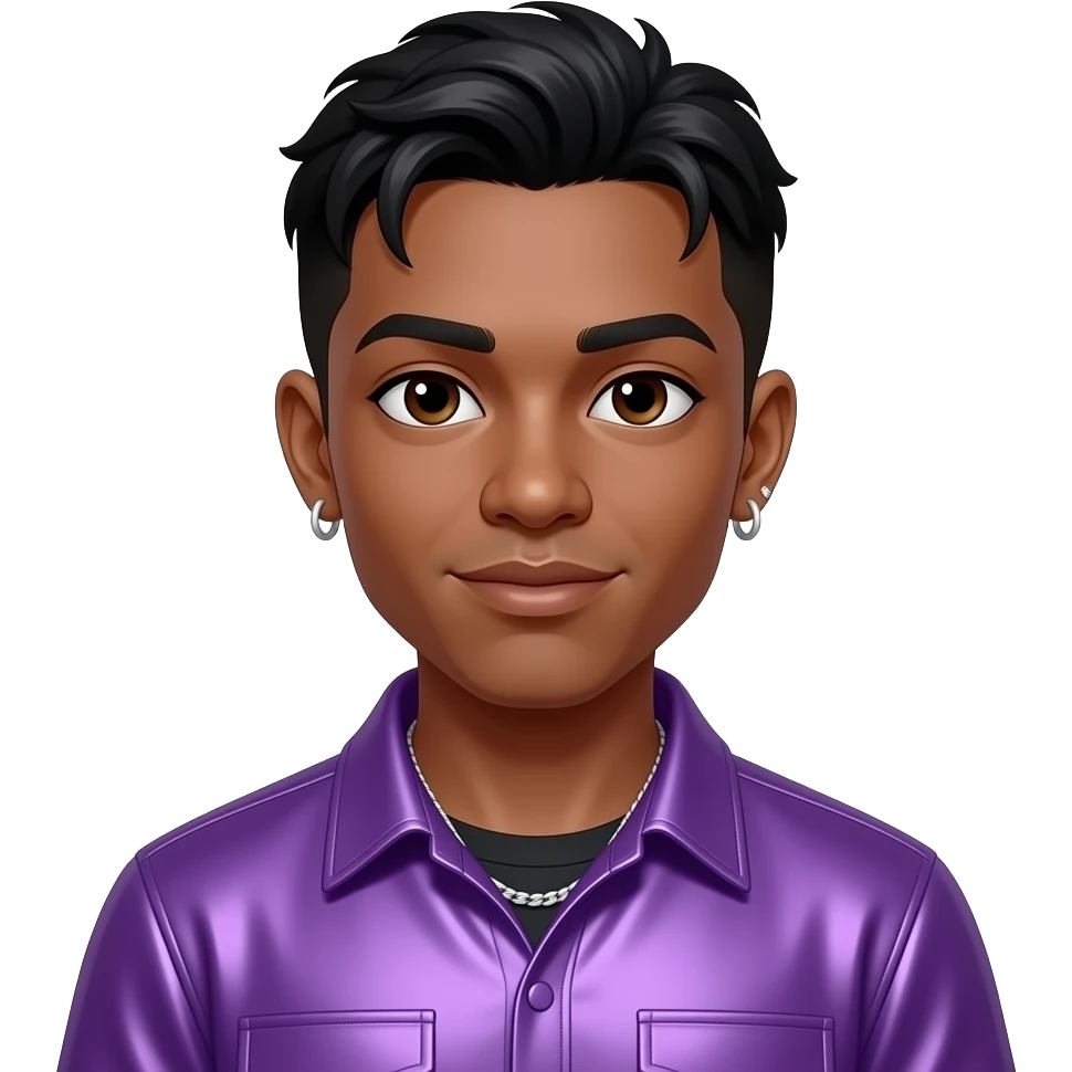 Quincy Brown with dark brown eyes, black hair, purple metallic hip-hop shirt, necklace and earrings emoji