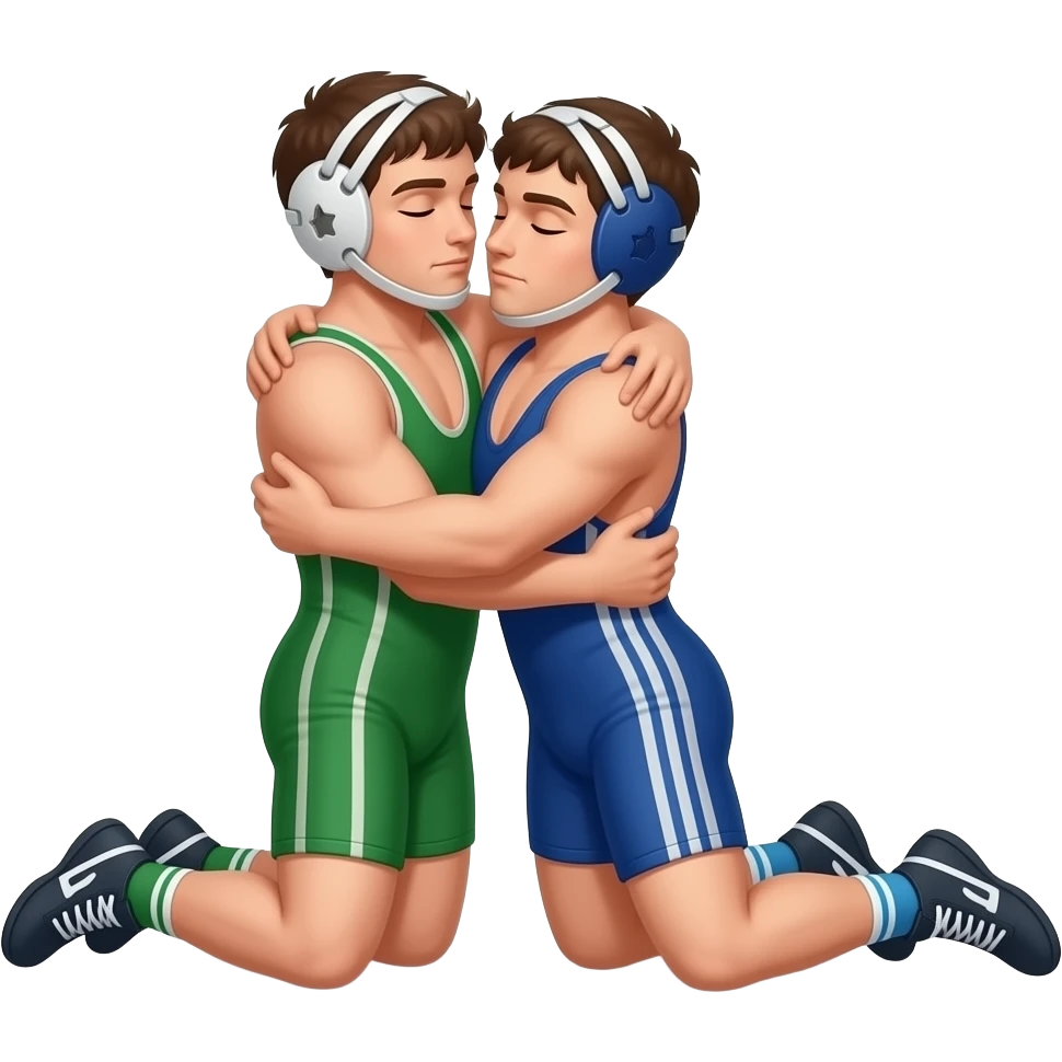 Erstelle ein Bild von zwei Wrestler in kurzen, knappen und engen Wrestler-suits, die beiden haben unterschiedlich Farben an (Grün und blau) und sie ringen liegend eng umschlungen miteinander auf dem Boden emoji
