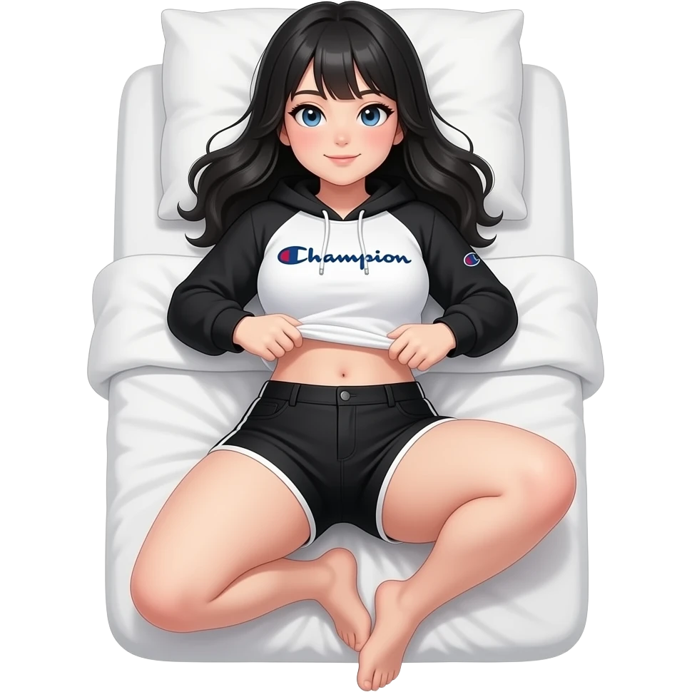White girl with long black hair, black and white cropped champion hoodie with black arm sleeves, black high shorts, and a bit of a chubby body lifting her shirt to show her belly laying down on on the pillow to bed and showing feet emoji