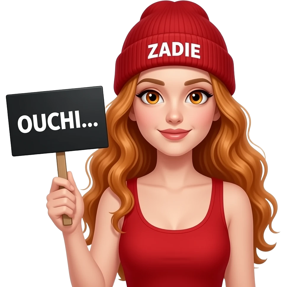 sexy girl with overlong wavy ginger hair and ginger eyes wearing a red tanktop and a red beanie with ZADIE written on it, is holding a black sign with OUCHI... written on it emoji