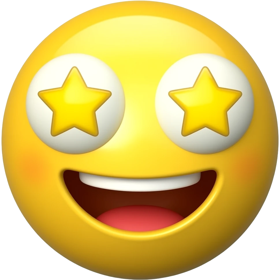 🤩 emoji face, almost identical to the original style star-struck emoji, big bright yellow round face, huge yellow star eyes, wide excited smile, glossy 3D render, cute and expressive, clean white background, high quality emoji