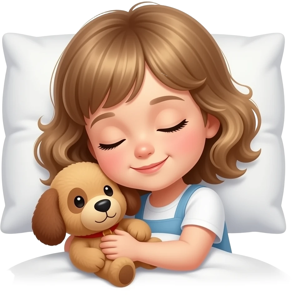 white kid  mid length hair to shoulders with bangs soft curly hair to shoulders in color: middle to little darker blond. sleeping on a pillow with a soft smile and hugging a soft brown stuffed dog monocolored emoji