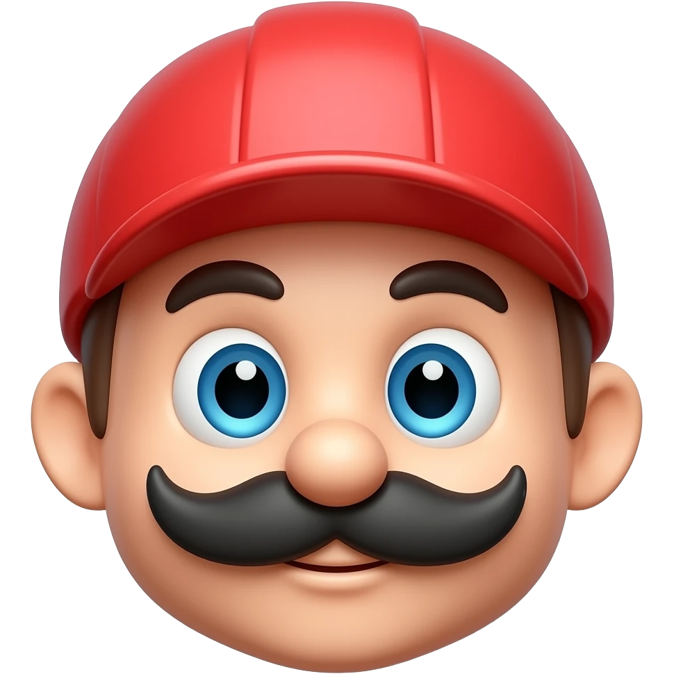 same exact cute 3D plumber emoji character, looking slightly up, glossy red cap, blue eyes, cartoon mustache, pixar style, smooth 3D emoji render, only camera angle changes, same character identity, same proportions, same colors emoji