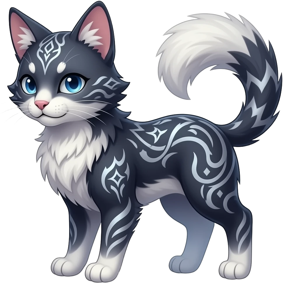 Kawaii dark edgy fantasy ethereal feline-vernid-sergal-fursona animal creature with a tufted tail full body with intricate markings emoji