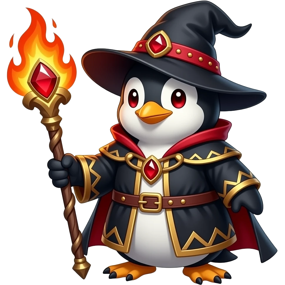 penguin fire wizard, fire elements red eyes, staff with firey red gem, black and red outfit emoji