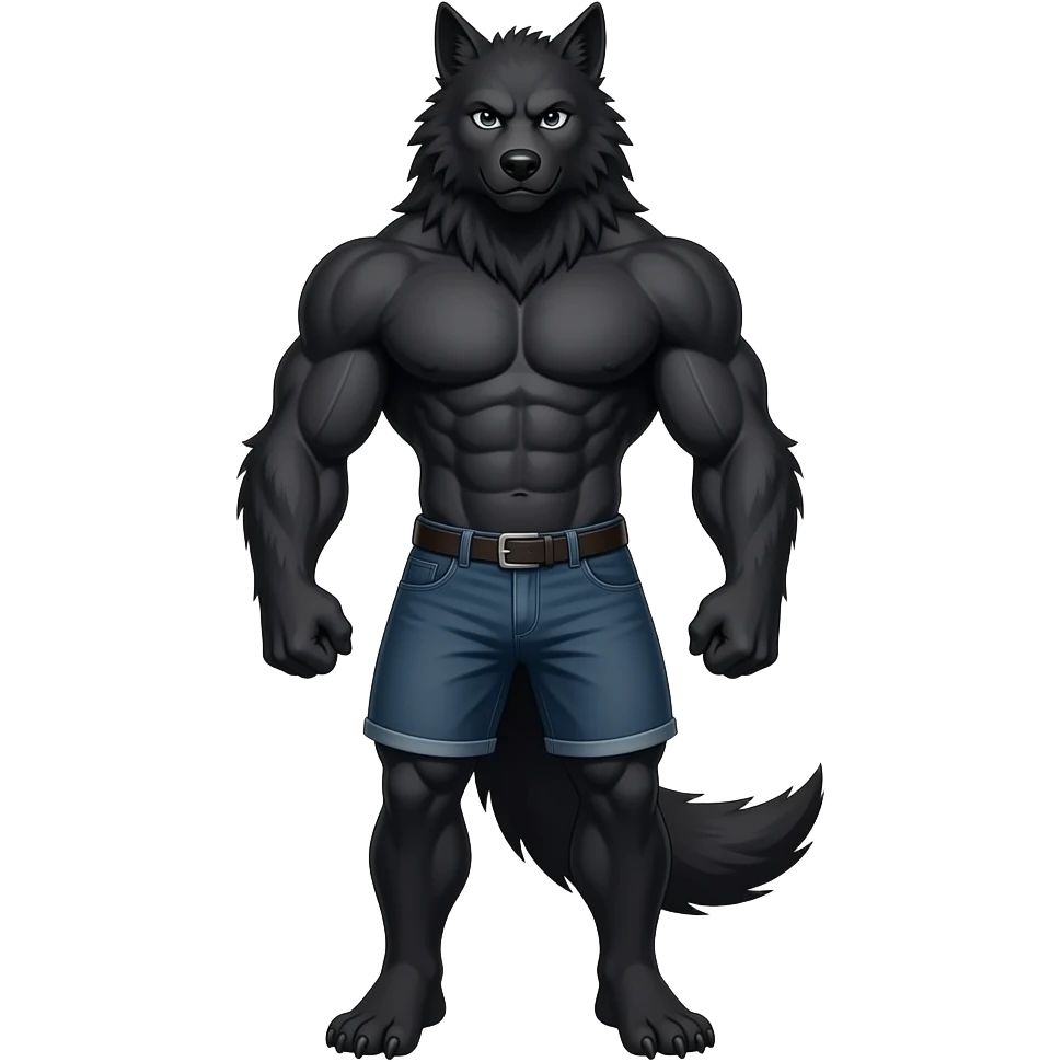 muscular young werewolf with black fur emoji