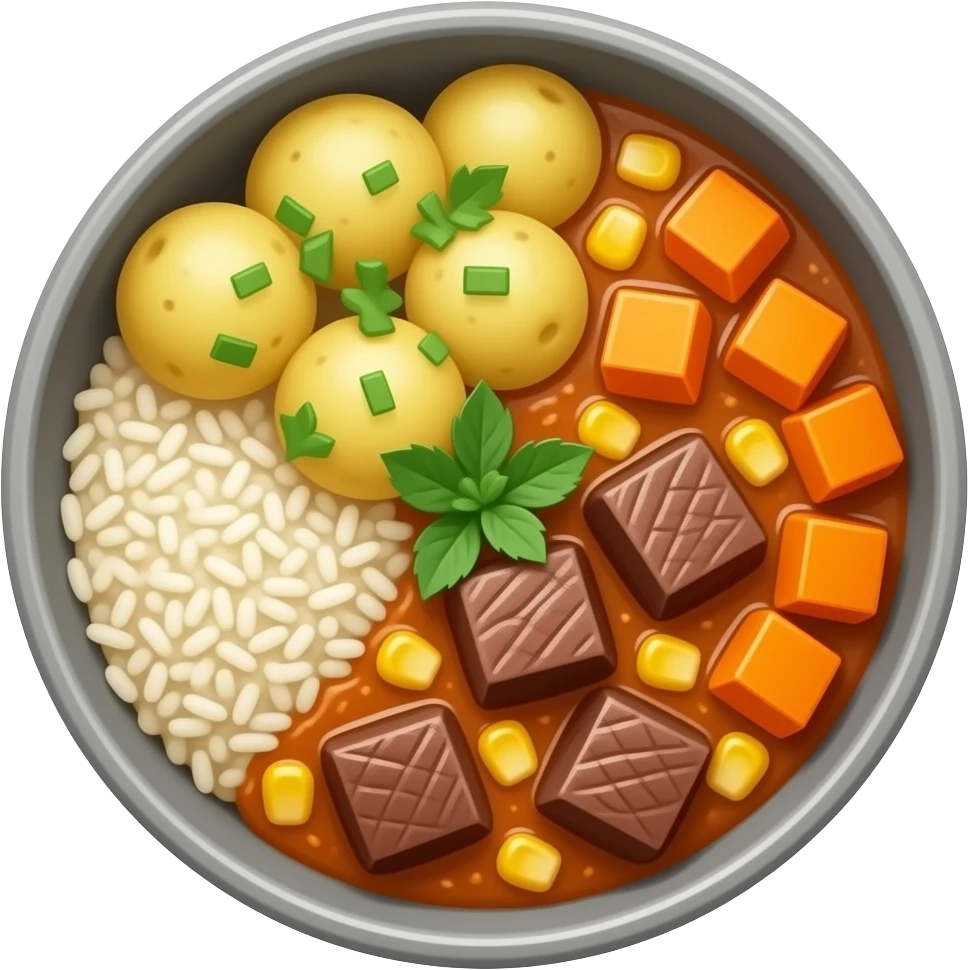 cazuela chilena de vacuno con carne y choclo y zapallo y sopa y papas y arroz emoji