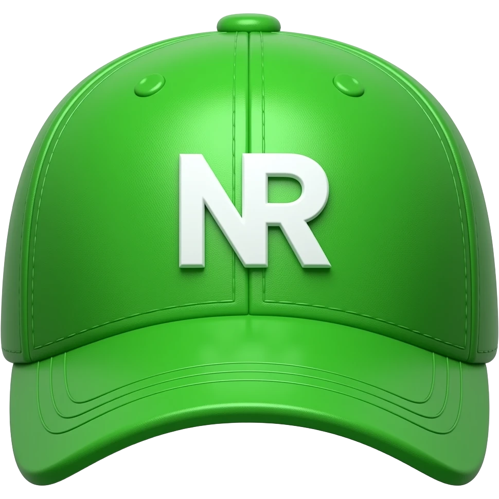 Apple iOS style green baseball cap emoji, front-facing cap, glossy 3D emoji design, “NR” text centered on the cap, smooth shading, vibrant green color, soft lighting, ultra detailed, minimal clean background, premium iOS emoji aesthetic emoji
