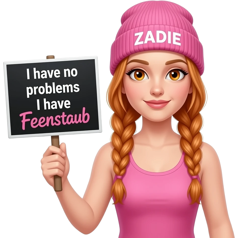 sexy girl with overlong ginger braids and ginger eyes wearing a pink tanktop and a pink beanie with ZADIE written on it, is holding a black sign with Ich habe keine PROBLEME Ich habe FEENSTAUB written on it emoji