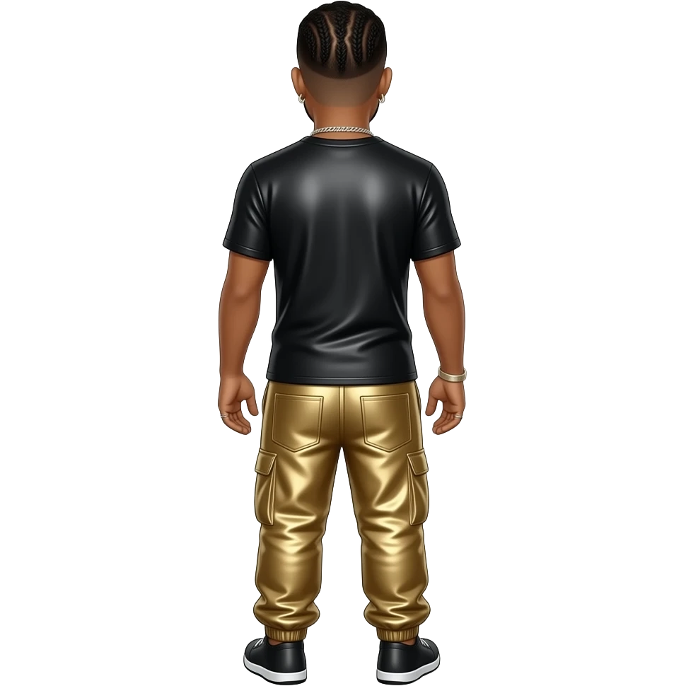 Drake from behind with black metallic t-shirt, gold metallic harem pants, necklace and earrings emoji