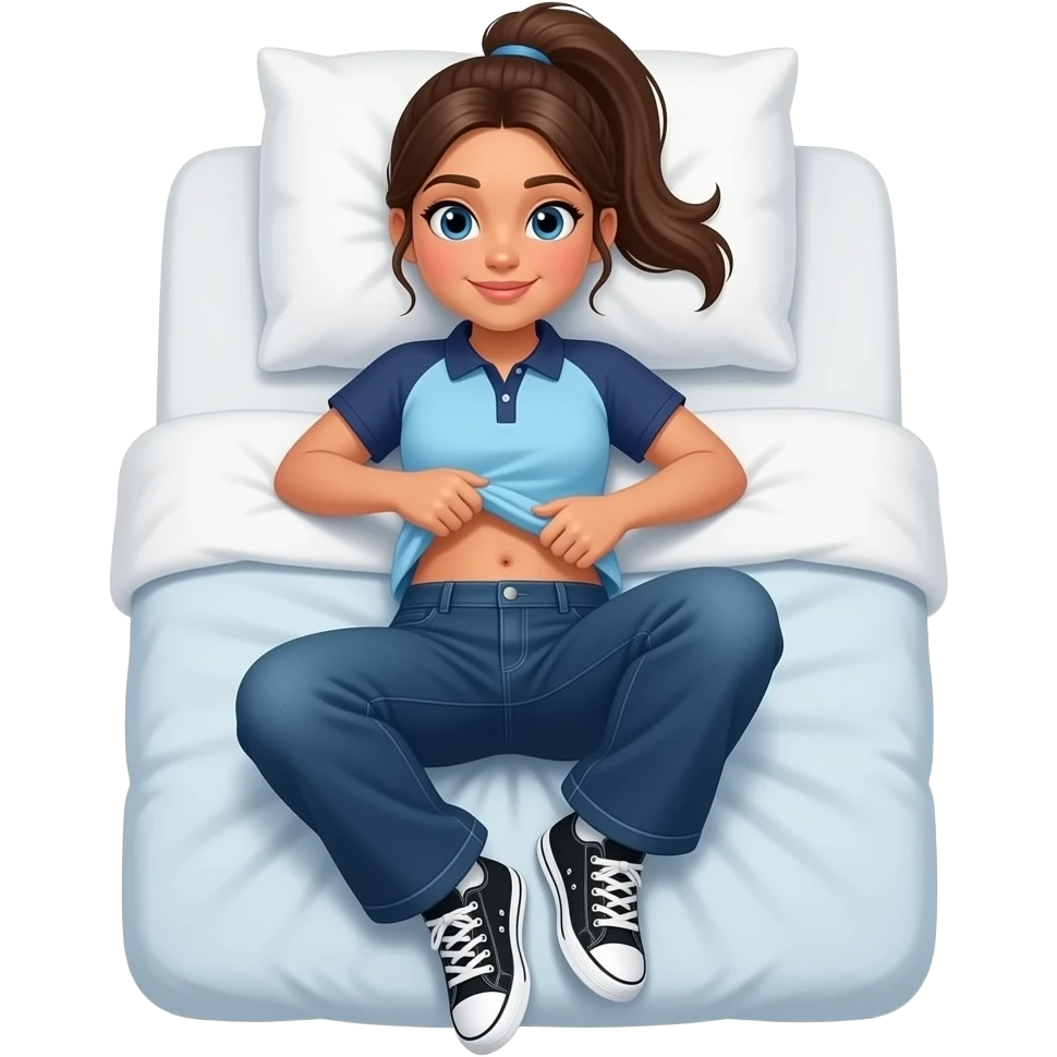 Hispanic girl with brown ponytail and blue eyes light blue and dark blue polo and dark blue baggy jeans and white and black sneakers and belly button laying down on her pillow on her bed lifting her shirt belly rubbing emoji