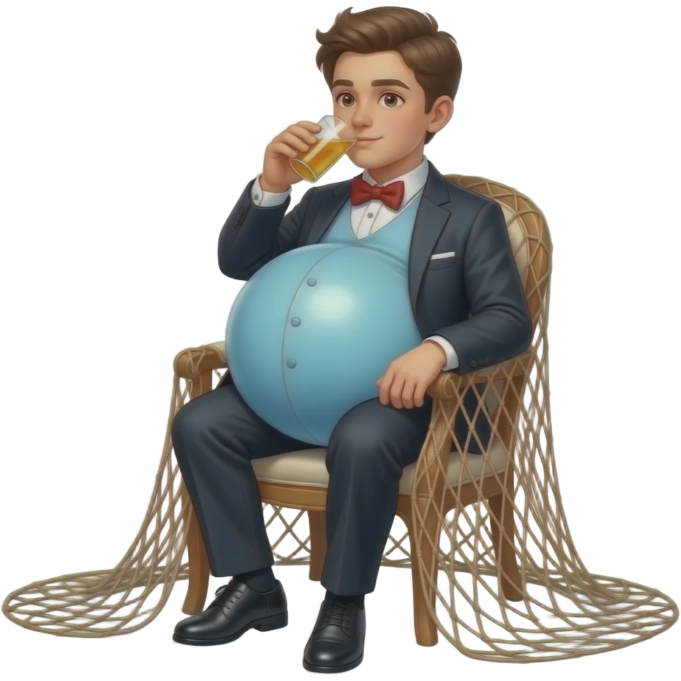chłopak 14 latek z super super super super super super super super super super super super super super super super super super super super super super super ekstremalnie max ogromny brzuch jak balon brzuch ma kształt jak kula elegancko ubrany sieci na krześle i pije emoji