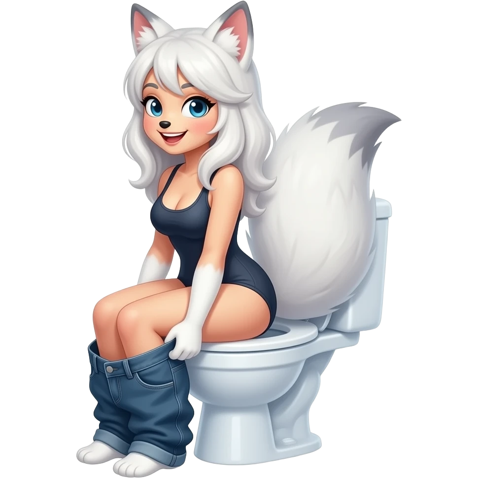 Female white fox furry person woman,smile,sit on toilet,fursona,pants down,side view emoji