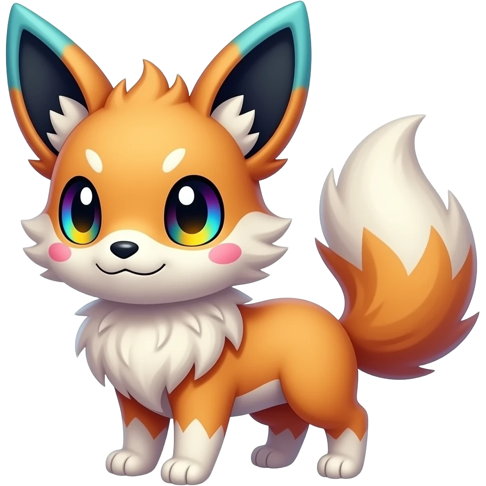 Feral Rare Fantasy vibrant colorful tropical cute, kawaii, cool, Pokémon-species by LiLaiRa, random markings, tufted tail, tufted ears, full body, cheek markings emoji