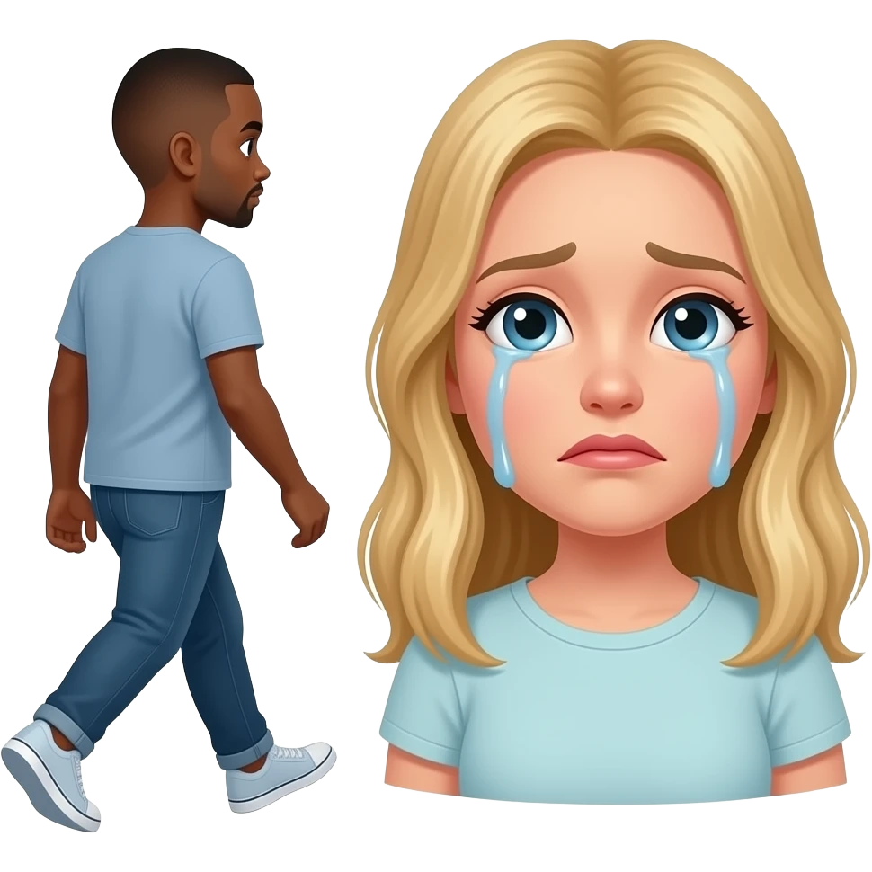 Black man with shaved walking away in the other direction from crying blonde girlfriend emoji