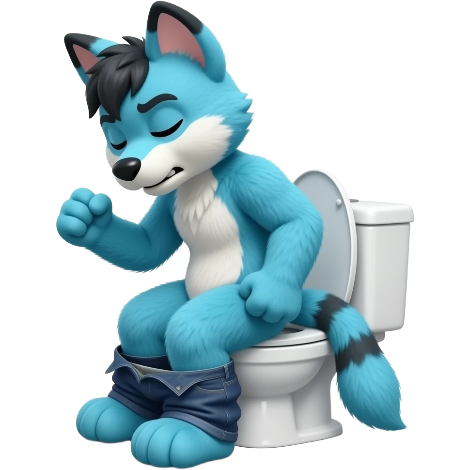 blue fursuit sitting on toilet, side view , pants down, pushing, eyes closed, straining face, fists, fart on butt emoji