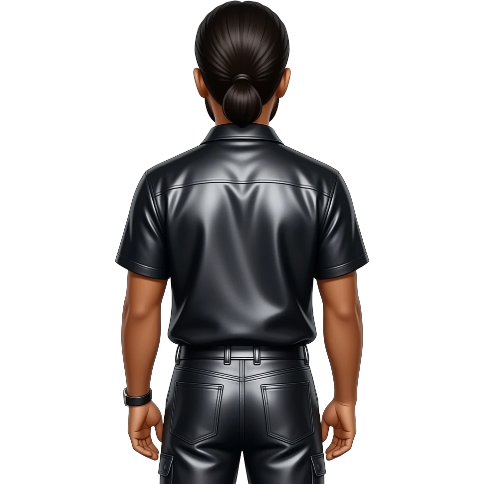 The Weeknd from behind with low ponytail hair, black metallic shirt, dark grey metallic faux loose pants emoji