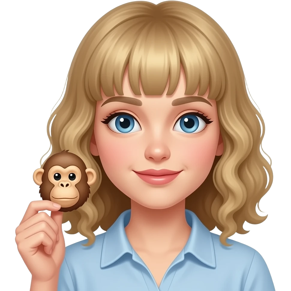 white kid blue eyes mid length hair to her shoulders with bangs soft curly hair to shoulders in color: middle to little darker blond. taking daily gummie vitamin in shape of an ape emoji