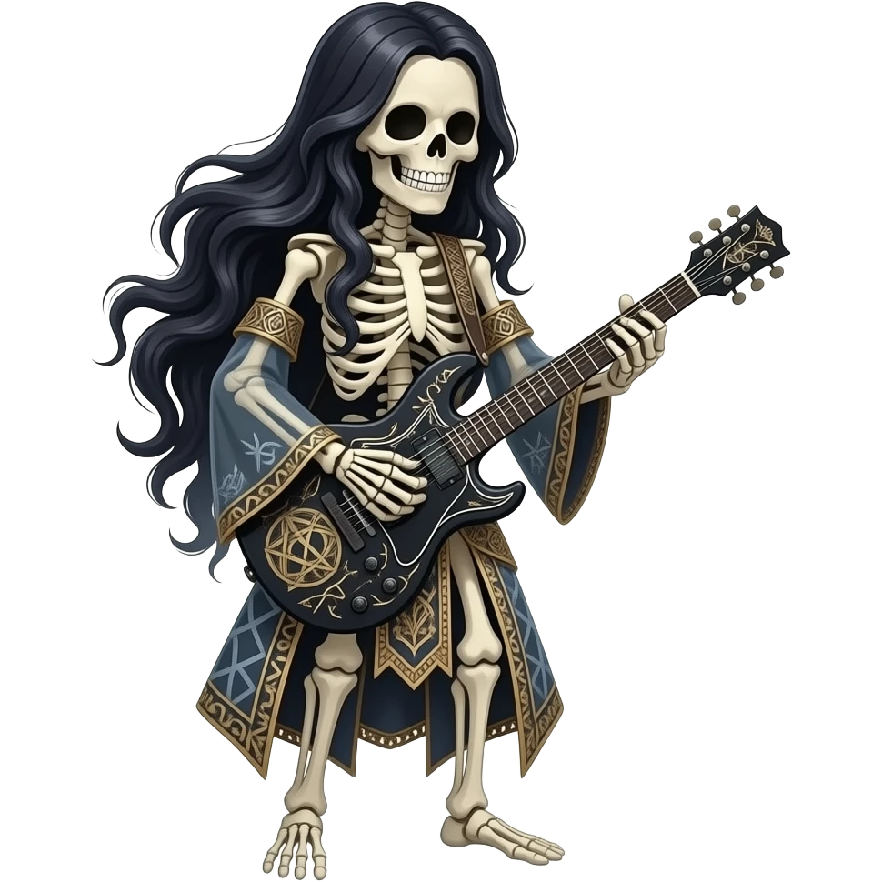 A full body long haired skeleton playing a warlock guitar emoji