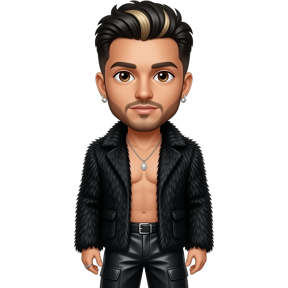 Zayn Malik with dark brown eyes, black hair with blonde highlights, black fur coat, black metallic baggy pants, shirtless with necklace and earrings emoji