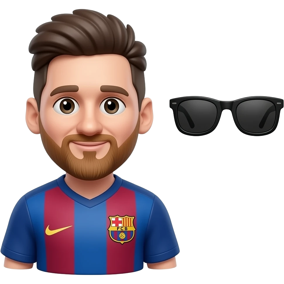 Messi-inspired 3D emoji, full Barcelona jersey, 1 black sunglasses floating beside body. emoji