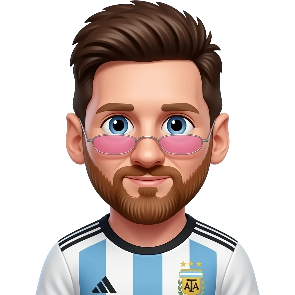 Cute front-facing Messi emoji, brown hair, beard, big eyes, Argentina jersey, soft gradient background. Exactly 1 pink sunglasses, mini size, placed horizontally below the hairline. emoji