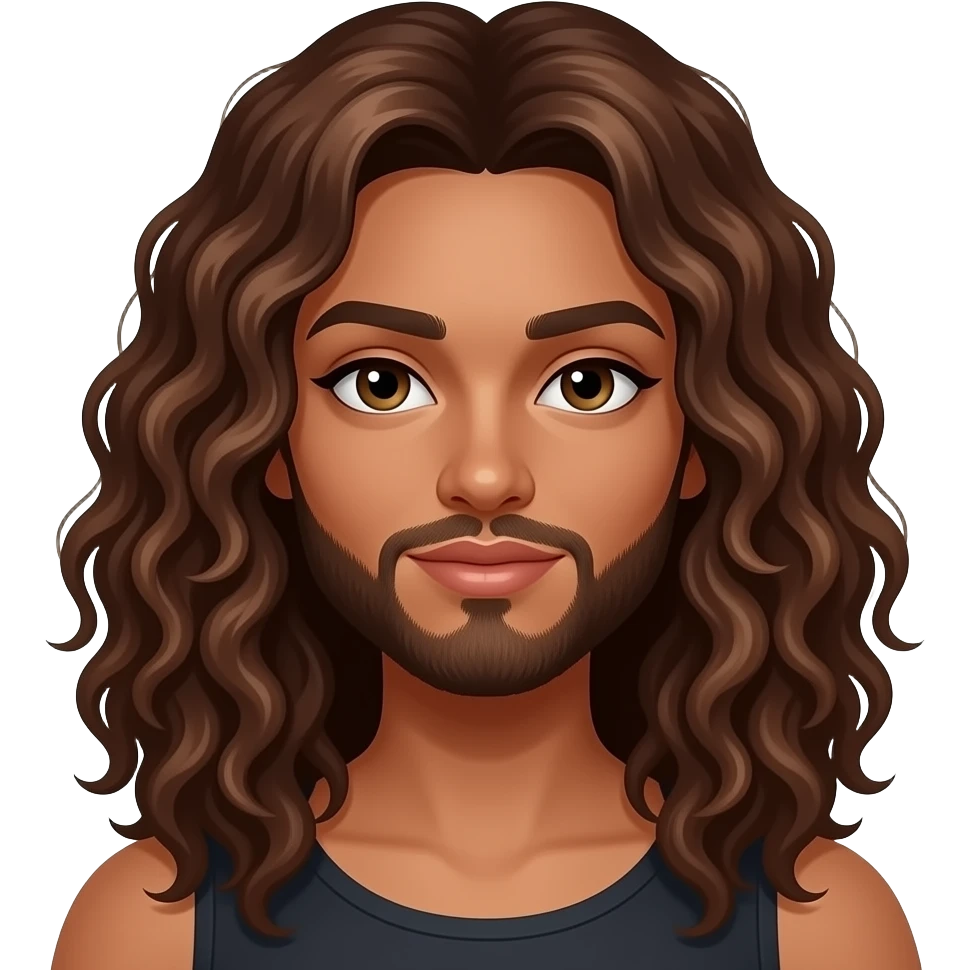 pele negra clara, rosto feminino, cabelo longo cacheado e barba, rosto bem feminino emoji