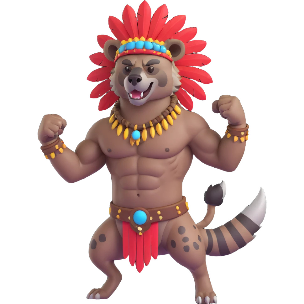A native strong buff hyena with war bonnet flexing posing full body  emoji
