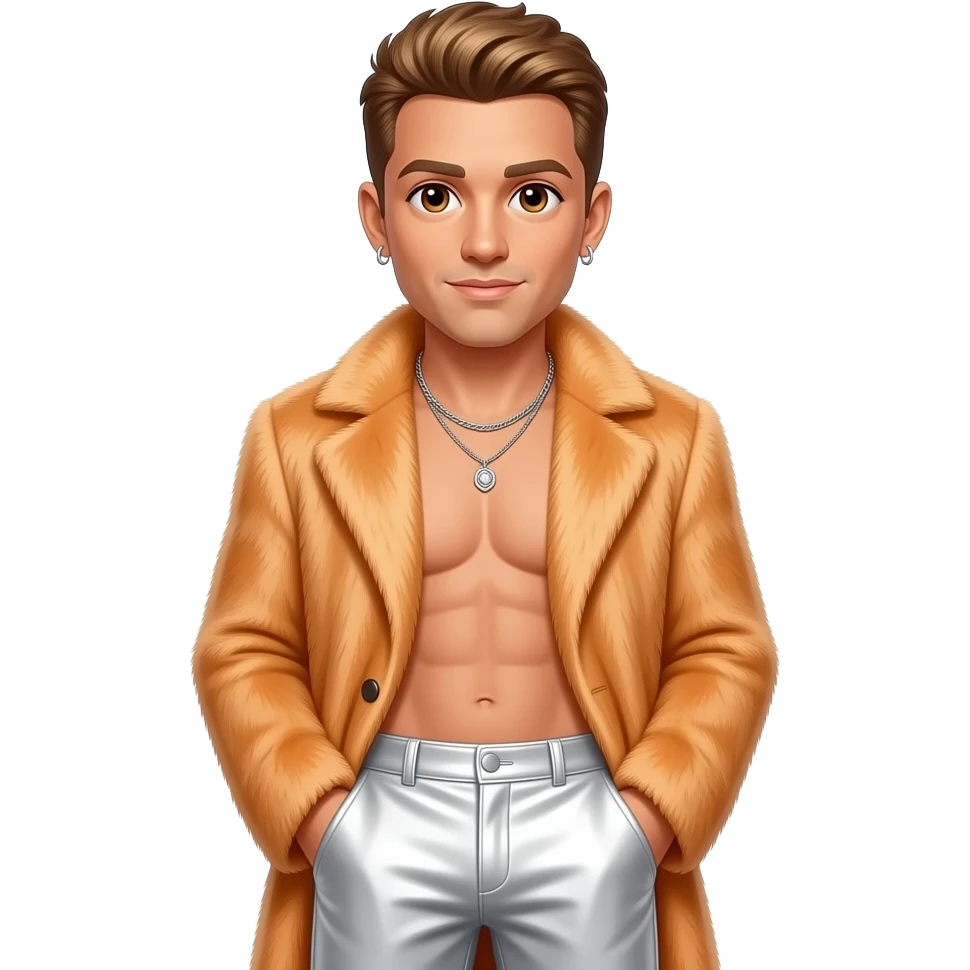 Donnie Wahlberg from NKOTB with brown eyes, light brown hair, light orange fur coat, white metallic baggy pants, shirtless with necklace and earrings emoji