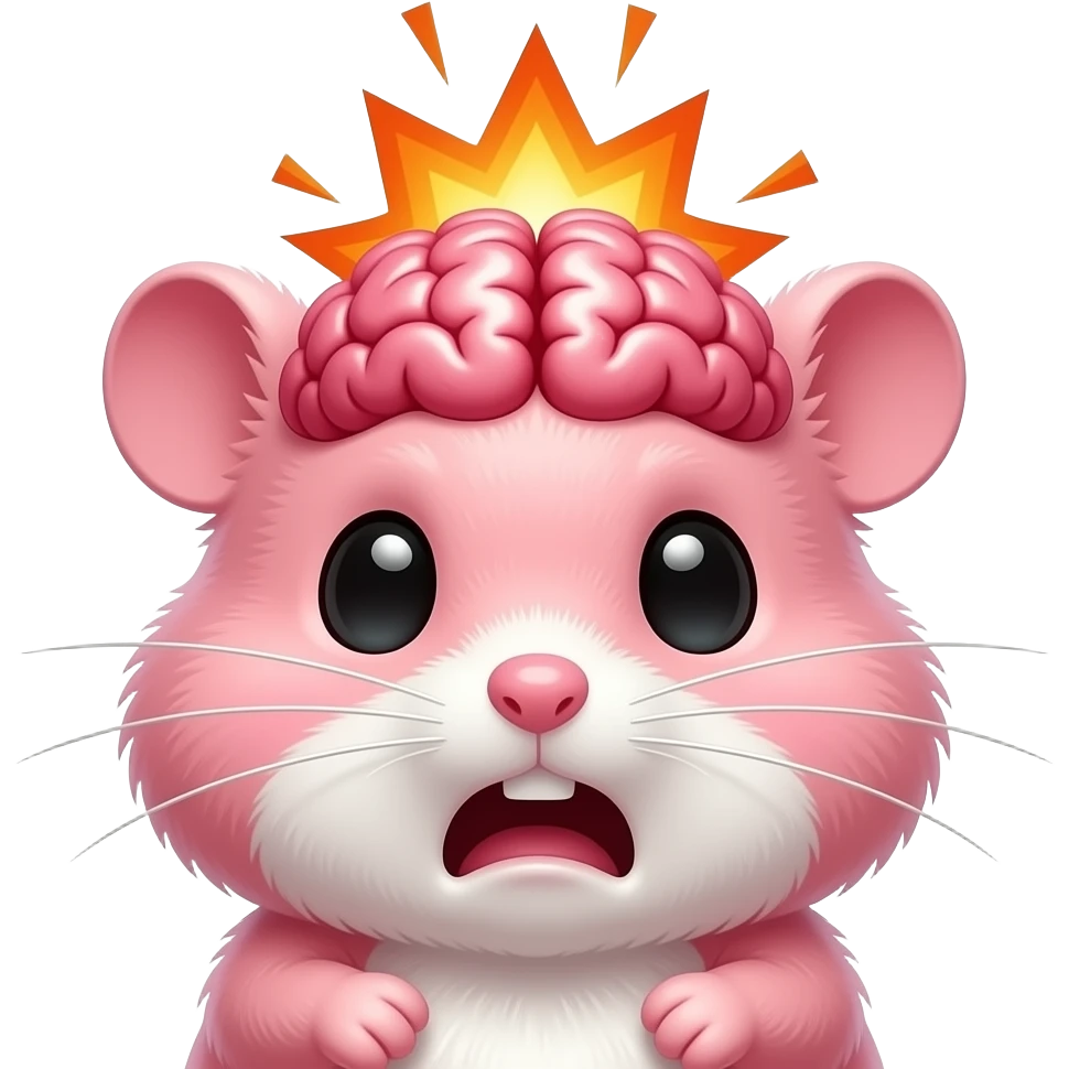 funny twitch emote, tiny pink hamster with massive exploding brain, cosmic explosion, dramatic disbelief expression, transparent background, ultra spamable meme aesthetic emoji