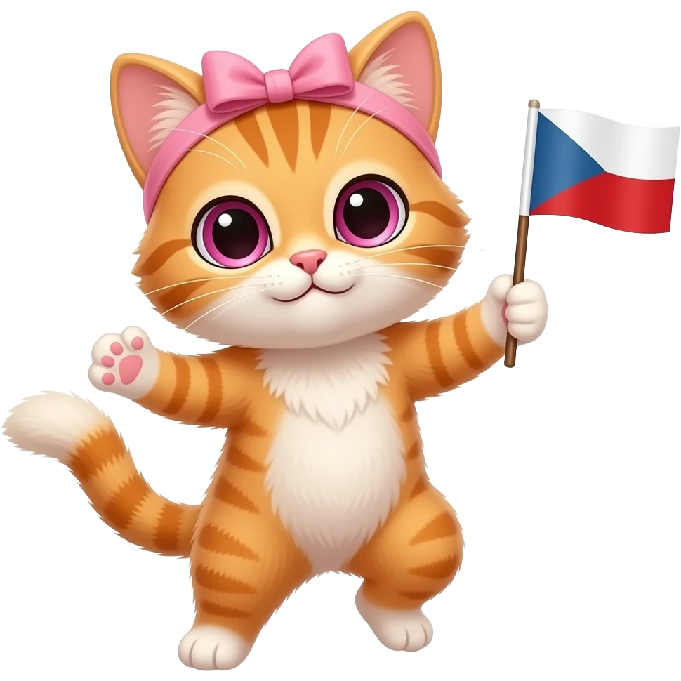 cute ginger cat with pink eyes with a light pink headband with a czech flag in hand dancing emoji