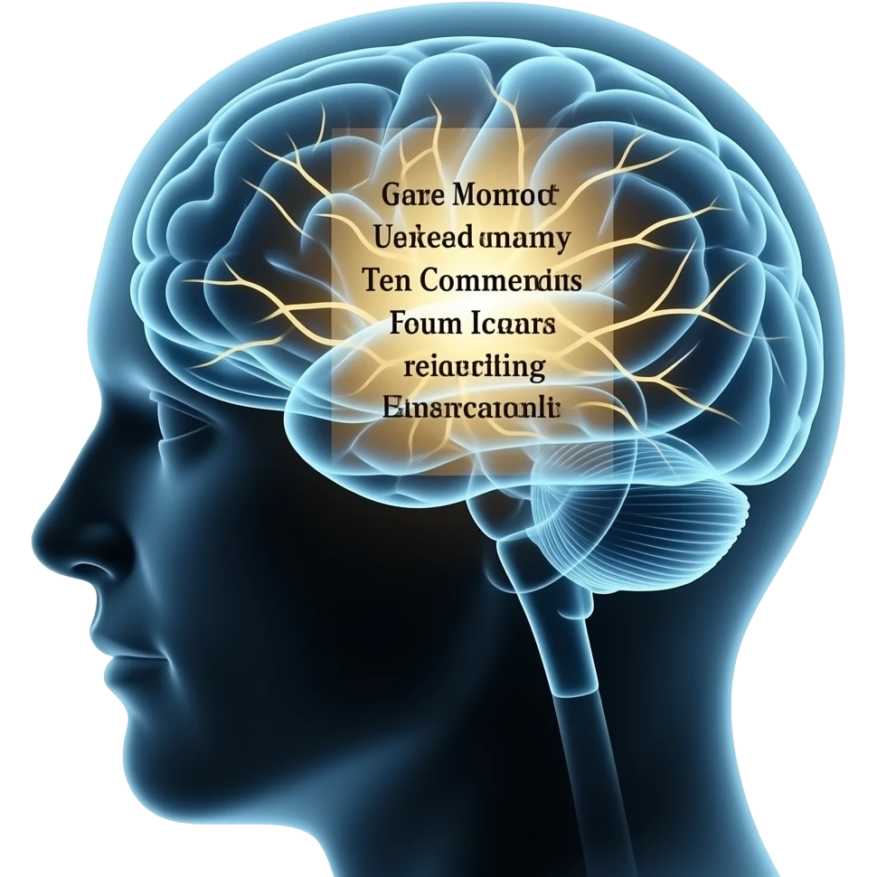 I need a human mind emoji, with a cool x-ray and glow feel, the ten commandments embedded into their head/mind, with a network of how it works emoji