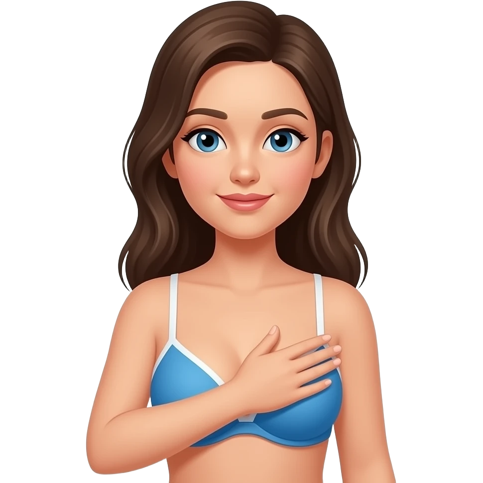 فتاة ترتدي حمالة زرقاء وصدر كبير وبسره بيضاء وتمسك بصدرها بيدها emoji