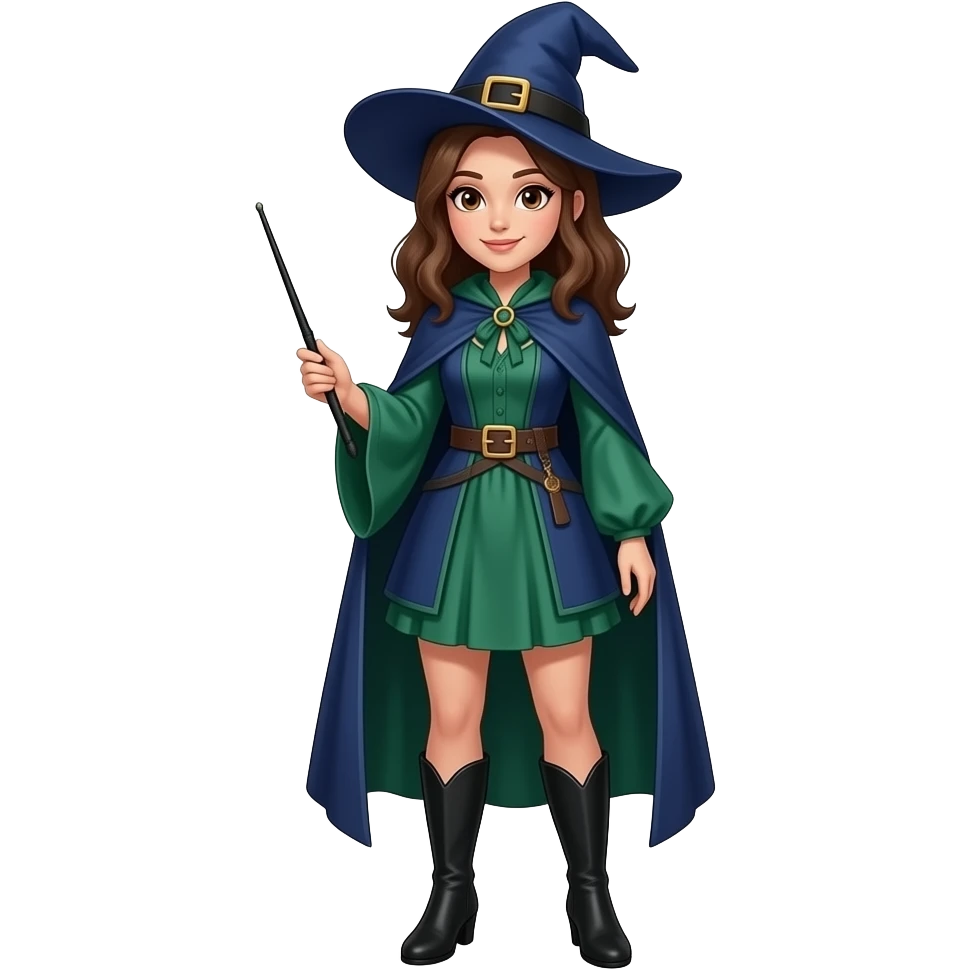 A full body White/Fair skinned woman with brown hair and brown eyes and wearing a Blue and forest green Witch outfit with black ankle boots and holding a pure black wand. emoji