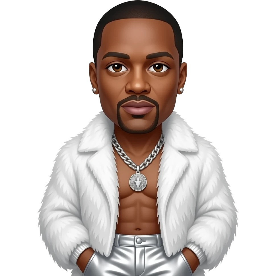 P. Diddy with dark brown eyes, black buzz cut hair, white fur shawl, white metallic baggy pants, shirtless with necklace and earrings emoji