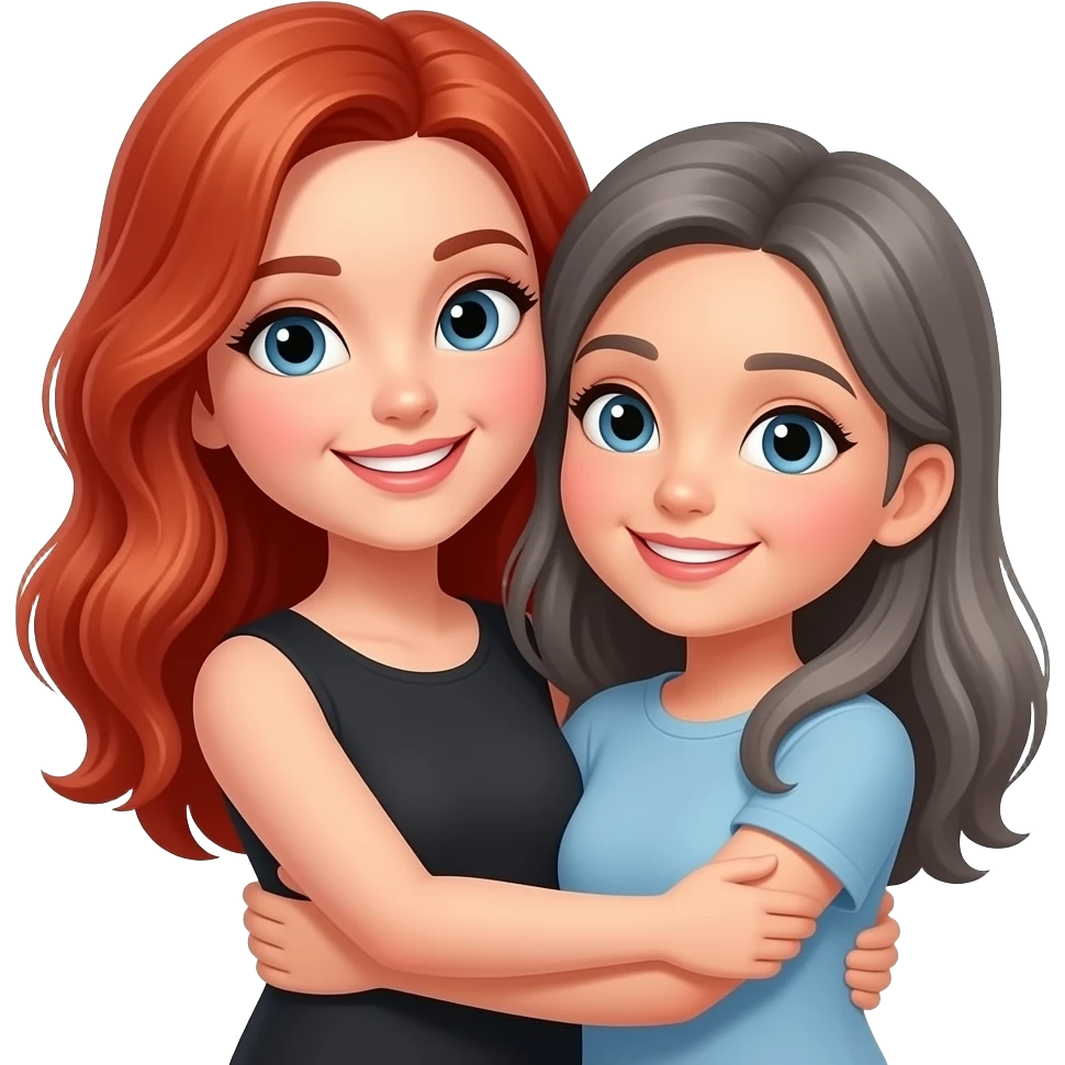 red long hair lady smiling, and grey long haired girl smiling, hugging emoji