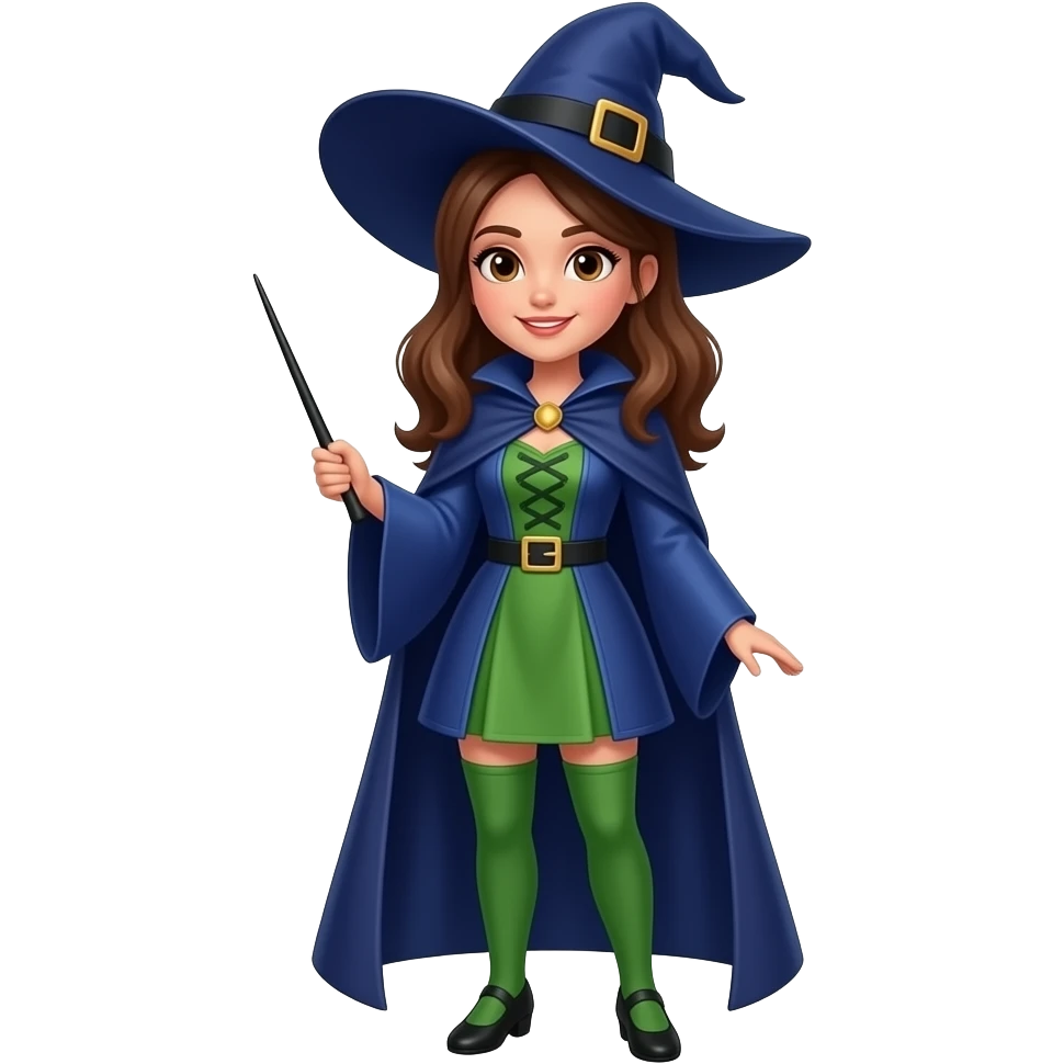 A full body White/Fair skinned woman with brown hair and brown eyes and wearing a Blue and green Witch outfit and holding a black wand. emoji
